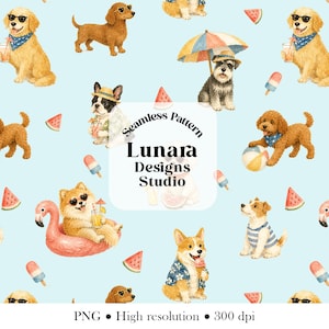 Whimsical Summer Dogs Pool Party Seamless Pattern | Watercolor Puppy | Digital Download PNG