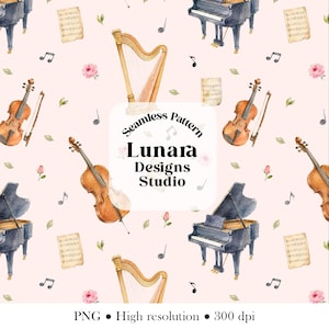 May include: A seamless pattern featuring watercolor illustrations of black grand pianos, brown violins, harps, sheet music, pink roses, and musical notes on a light pink background. The center text reads Seamless Pattern Lunara Designs Studio.
