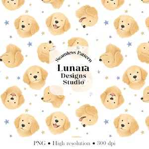 Motivo senza cuciture con teste di Golden Retriever, faccine di cuccioli ad acquerello, carta digitale per tessuti per cameretta / Download digitale PNG