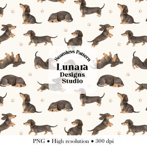 May include: A seamless pattern featuring watercolour illustrations of brown and black dachshund dogs in various poses, including sitting, sleeping, and walking, on a cream background with small paw prints and the text Seamless Pattern Lunara Designs Studio.