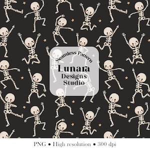 May include: A seamless pattern featuring cartoon skeletons with pink cheeks in various dancing poses on a black background with small beige stars. A central square overlay displays the text Seamless Pattern Lunara Designs Studio.