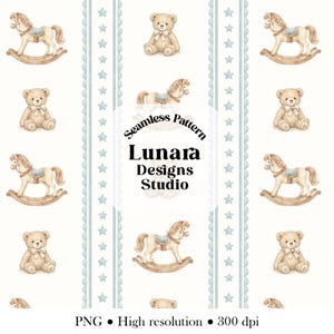 May include: A seamless pattern with watercolour illustrations of teddy bears and rocking horses in beige and brown hues. The design incorporates vertical stripes with blue stars and scalloped edges. The text "Seamless Pattern" and "Lunara Designs Studio" is also present.