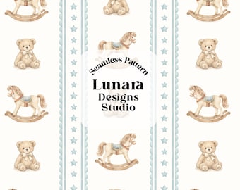 May include: A seamless pattern featuring watercolor illustrations of light brown teddy bears and rocking horses on a white background, separated by vertical blue striped borders with stars. Text reads: Seamless Pattern Lunara Designs Studio.