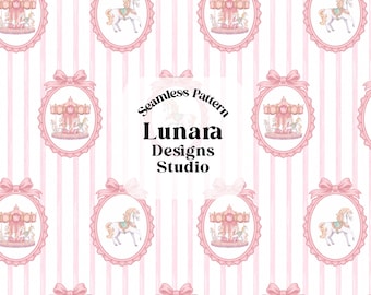 May include: A seamless pattern featuring repeating oval frames topped with pink bows. Inside the frames are illustrations of carousels and horses. The background consists of vertical white and light pink stripes. Text reads Seamless Pattern Lunara Designs Studio PNG High resolution 300 dpi.