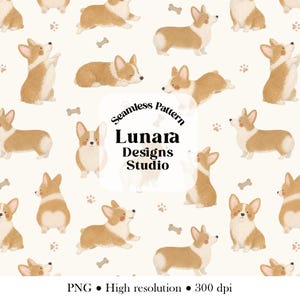 Preppy Watercolor Corgi Seamless Pattern, Cute Dog Digital Paper for Fabric and Nursery Decor | Instant Download PNG