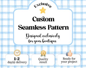 May include: A digital graphic featuring a light blue watercolor plaid background with a central white label containing the text Exclusive Custom Seamless Pattern Designed exclusively for your boutique. Below are three smaller labels with icons.