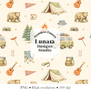 May include: A seamless pattern featuring watercolor illustrations of camping gear including tents, acoustic guitars, brown bears, vintage vans, pine trees, campfires, backpacks, cameras, mugs, and rabbits on a light cream background with stars.