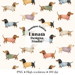 Könnte beinhalten: Ein nahtloses Muster mit Aquarellillustrationen von Dackeln, die verschiedenfarbige Pullover mit unterschiedlichen Texturen und Mustern tragen. Der Text Seamless Pattern Lunara Designs Studio PNG High resolution 300 dpi ist zentriert.