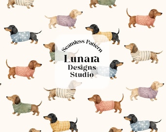 Könnte beinhalten: Ein nahtloses Muster mit Aquarellillustrationen von Dackeln, die verschiedenfarbige Pullover mit unterschiedlichen Texturen und Mustern tragen. Der Text Seamless Pattern Lunara Designs Studio PNG High resolution 300 dpi ist zentriert.