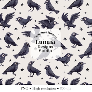May include: A seamless pattern featuring black crows in various poses interspersed with small black stars on a light beige background. A central white square contains the black text Seamless Pattern Lunara Designs Studio. PNG High resolution 300 dpi.