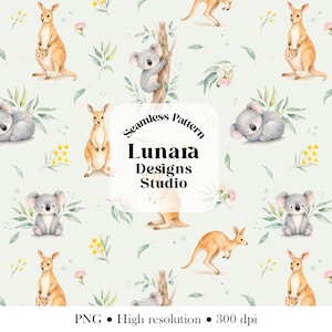 May include: A seamless pattern featuring watercolour illustrations of kangaroos and koalas on a light green background. The design includes eucalyptus leaves and yellow flowers. Text in the centre reads Seamless Pattern Lunara Designs Studio.