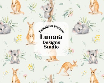 Könnte beinhalten: Ein nahtloses Muster mit Aquarellillustrationen von Kängurus und Koalas auf hellgrünem Hintergrund. Das Design enthält Eukalyptusblätter und gelbe Blumen. Der Text in der Mitte lautet Seamless Pattern Lunara Designs Studio.