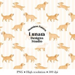 May include: A seamless pattern featuring golden retriever dogs in various poses against a light beige vertical striped background. The center displays the text Seamless Pattern Lunara Designs Studio. The bottom text reads PNG High resolution 300 dpi.
