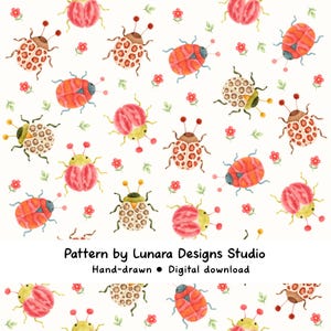 May include: A repeating pattern of watercolor-style beetles in shades of orange, pink, and brown, interspersed with small red flowers and green leaves, on a white background. The text "Pattern by Lunara Designs Studio" is at the bottom.