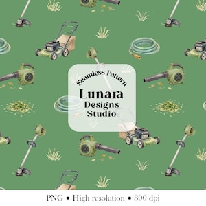 May include: A seamless pattern on a green background featuring watercolor illustrations of lawn mowers, leaf blowers, string trimmers, coiled garden hoses, and piles of grass clippings. The text reads Seamless Pattern Lunara Designs Studio.
