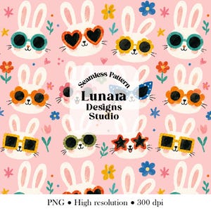 Op de afbeelding: Een naadloos patroon op een roze achtergrond met witte konijnengezichten die verschillende kleurrijke zonnebrillen dragen, waaronder hart-, ster- en bloemvormen. De tekst Lunara Designs Studio Seamless Pattern staat in het midden.