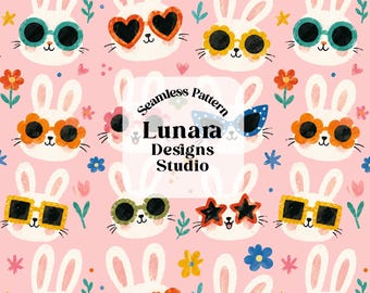 May include: A seamless pattern on a pink background featuring white rabbit faces wearing various colorful sunglasses, including heart, star, and flower shapes. The text Lunara Designs Studio Seamless Pattern is centered in the middle of the image.