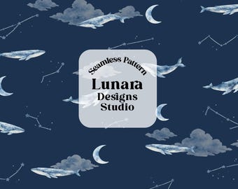 May include: A seamless pattern featuring watercolor whales, crescent moons, clouds, and constellations on a dark navy blue background. A central light gray square contains the text Seamless Pattern Lunara Designs Studio.