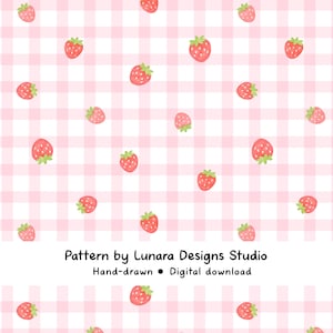 Watercolor Strawberry Gingham Seamless Pattern | Cottagecore Digital Paper (PNG)