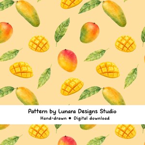 May include: A seamless pattern featuring hand-drawn mangoes, mango slices, and green leaves on a light yellow background. The design includes whole mangoes in shades of green and red, and diced mangoes in yellow.