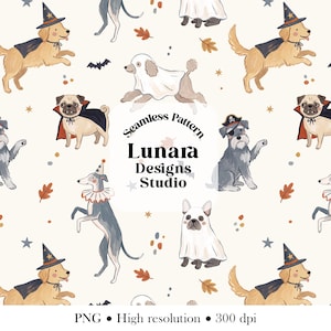 Puede incluir: Un patrón continuo con varias razas de perros con disfraces de Halloween, incluyendo golden retrievers como magos, un pug como vampiro y un schnauzer como pirata. El diseño incluye murciélagos, estrellas y hojas, con el texto Seamless Pattern Lunara Designs Studio.