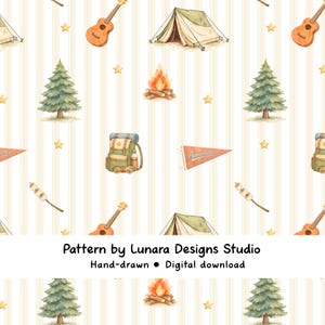 Watercolor Camping Seamless Pattern, Cute Outdoor Adventure Pattern, Forest Campfire Tent Backpack, Nursery Fabric Design, Digital Paper