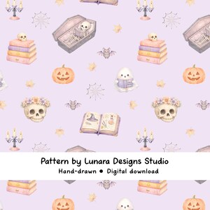 May include: A repeating pattern with Halloween illustrations on a pale purple backdrop. The design includes pumpkins, skulls with flower crowns, bats, ghosts, books, spiderwebs, and coffins. The artwork is hand-drawn.