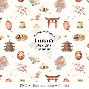 May include: Seamless pattern featuring Japanese cultural elements. The design includes cherry blossoms, sushi, pagodas, lanterns, and traditional clothing in a watercolor style. The text "Seamless Pattern" and "Lunara Designs Studio" are also present.