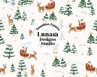May include: A seamless pattern featuring watercolor illustrations of Santa Claus in a red sleigh pulled by reindeer, snow-covered evergreen trees, and snowflakes on a white background. The text reads Seamless Pattern Lunara Designs Studio.