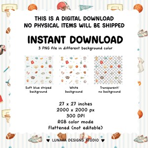 Puede incluir: Una descarga digital con tres archivos PNG con patrones de tem&aacute;tica deportiva que incluyen balones, cascos y trofeos. El texto dice: THIS IS A DIGITAL DOWNLOAD NO PHYSICAL ITEMS WILL BE SHIPPED INSTANT DOWNLOAD 3 PNG file in different background color.
