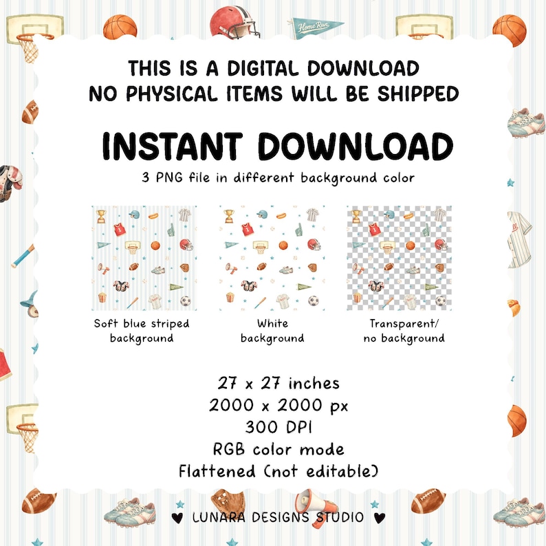 Puede incluir: Una descarga digital con tres archivos PNG con patrones de tem&aacute;tica deportiva que incluyen balones, cascos y trofeos. El texto dice: THIS IS A DIGITAL DOWNLOAD NO PHYSICAL ITEMS WILL BE SHIPPED INSTANT DOWNLOAD 3 PNG file in different background color.