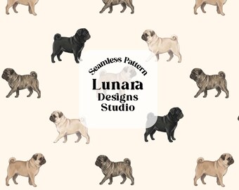 May include: A seamless pattern featuring illustrations of pugs in fawn, black, and brindle colors on a cream background. The center text reads Seamless Pattern Lunara Designs Studio. The bottom text reads PNG High resolution 300 dpi.