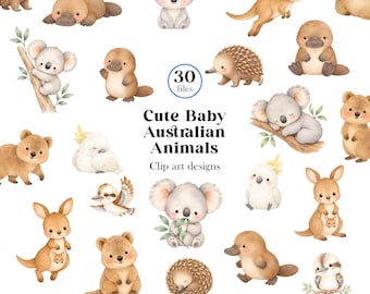 Könnte beinhalten: Eine Sammlung von Aquarellillustrationen mit australischen Tierbabys wie Koalas, Kängurus, Schnabeltieren, Ameisenigeln, Kakadus und Kookaburras, mit dem Text Cute Baby Australian Animals Clip art designs.