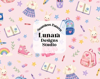Watercolor Back to School Supplies Seamless Pattern, Girls Pink Backpack Bunny Rainbow Fabric, Kawaii Nursery Pattern | Digital Paper PNG