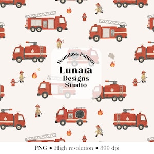 May include: A seamless pattern featuring watercolor-style red fire trucks, firefighters in yellow gear, red fire hydrants, and orange flames on a light cream background. The text reads Seamless Pattern Lunara Designs Studio PNG High resolution 300 dpi.