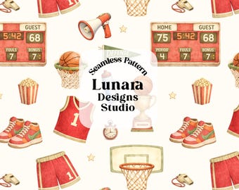 May include: A seamless pattern featuring watercolor basketball illustrations including red shorts, basketball hoops, scoreboards, megaphones, whistles, popcorn buckets, jerseys, trophies, stopwatches, and sneakers with the text Lunara Designs Studio.
