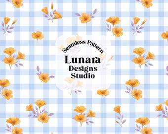 May include: A seamless digital pattern featuring a light blue and white gingham check background decorated with scattered watercolor-style orange flowers and light purple leaves. The text Seamless Pattern Lunara Designs Studio is centered.