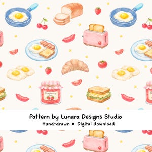 Puede incluir: Patrón de acuarela con alimentos para el desayuno como huevos fritos, tocino, tostadas, cruasanes y mermelada de fresa. El diseño incluye una tostadora rosa, cerezas, tomates y salchichas, todo sobre un fondo crema con acentos de estrellas amarillas.