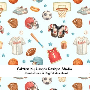 Peut inclure: Motif aquarelle avec divers équipements sportifs, dont un maillot de baseball, un ballon de football américain, un ballon de basket-ball, un ballon de football et un gant de baseball. Le motif comprend également un casque de football américain rouge, une batte de baseball et des étoiles bleues sur fond bleu clair.
