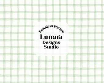 May include: A seamless pattern featuring a light green watercolor grid on a white background. Centered text reads Seamless Pattern Lunara Designs Studio. Below the pattern, text reads PNG High resolution 300 dpi.