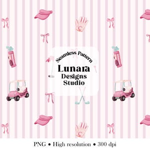 May include: A seamless pattern featuring pink golf-themed illustrations including golf carts, bags, visors, gloves, bows, and clubs on a light pink striped background. The center text reads Seamless Pattern Lunara Designs Studio.