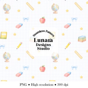 Back to School Seamless Pattern | Watercolor  Notebook Pencil Apple Globe | Digital Paper (PNG)