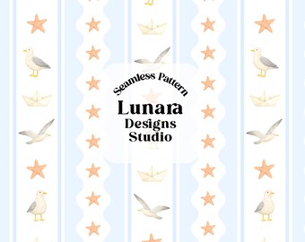 May include: A seamless pattern featuring watercolor illustrations of seagulls, paper boats, and orange starfish arranged in vertical stripes on a light blue and white background. The text reads Seamless Pattern Lunara Designs Studio PNG High resolution 300 dpi.