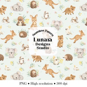 May include: A seamless pattern featuring watercolor illustrations of Australian animals including koalas, kangaroos, echidnas, kookaburras, and cockatoos with green foliage on a pale background. Text in the center reads Seamless Pattern Lunara Designs Studio.