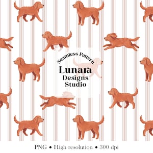 May include: A seamless pattern featuring repeating illustrations of golden-brown dogs in various poses against a background of vertical light pink stripes. The text Seamless Pattern Lunara Designs Studio is centered, with PNG High resolution 300 dpi below.