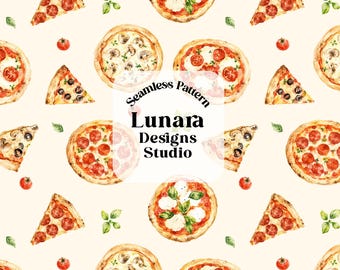 May include: Watercolor seamless pattern featuring various pizzas and pizza slices with toppings like pepperoni, mushrooms, and olives. The design includes whole pizzas and slices, along with tomatoes and basil leaves. The text "Seamless Pattern" and "Lunara Designs Studio" are also visible.