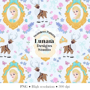 May include: A seamless pattern featuring a repeating illustration of a blonde character in a gold frame, a brown reindeer, pink roses, blue bows, and gold crowns on a light blue background. The text reads Seamless Pattern Lunara Designs Studio.