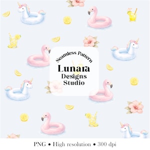 May include: A seamless pattern featuring watercolor illustrations of white unicorns and pink flamingos on pool floats, yellow lemon slices, pink hibiscus flowers, and glasses of lemonade. The text reads Seamless Pattern Lunara Designs Studio.
