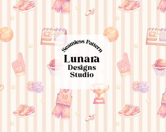May include: A seamless pattern featuring watercolor illustrations of basketball jerseys, sneakers, trophies, scoreboards, basketballs, hoops, foam fingers, and pom-poms on a light pink and white striped background with small yellow stars.