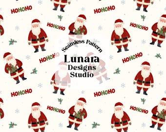 May include: A seamless digital pattern featuring illustrations of Santa Claus in a red suit, green gift boxes, mistletoe sprigs, and snowflakes on a cream background. The text reads Seamless Pattern Lunara Designs Studio PNG High resolution 300 dpi.
